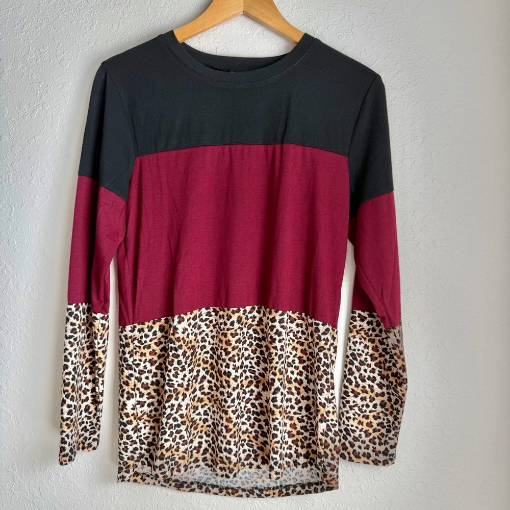 NWT Maroon, Leopard Print Long Sleeve Top Sz S, 3XL
